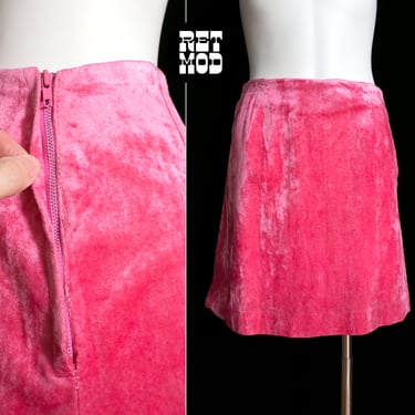 MOD DREAM Vintage 60s 70s Pink Crushed Velvet Mini Skirt 