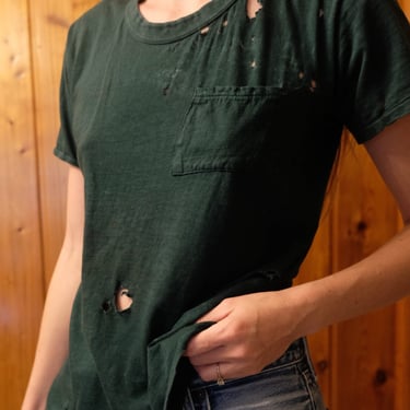 Thrashed Vintage One Pocket Tshirt / 1970's Tee / Hunter Green Tshirt / Holes and Super Thin and Soft / Gender Neutral Unisex 