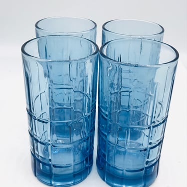 Pretty set of four  Anchor Hocking "Tartan"  Blueberry Blue  Glass Ice Tea drinking glasses-16 Ounce- Tumblers 