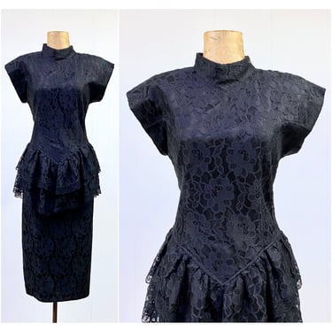 1980s Vintage Black Lace Party Dress, 80s Goth Drop Waist Prom Dress w/Peplum and Pencil Skirt, Small 36