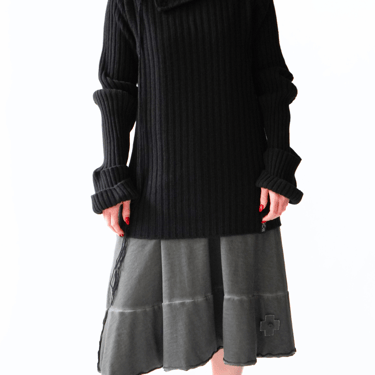 Donzo Hand Embroidered High Snap Neck Black Wool and Cashmere Blend Pullover