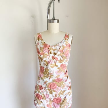 Vintage 1950s Cotton Floral Swimsuit / Playsuit // size L 