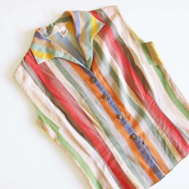 Vintage 50s Striped Blouse M - 1960s Rainbow Stripe Sleeveless Shirt - Colorful Mid Century Casual Womens Blouse 