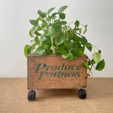 Vintage Rolling Wood Crate - Produce Partners Rolling Wood Crate - Plant Stand - Rustic Wood Crate - Rolling Wood Stool 
