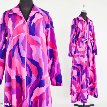1970s Pink & Purple Abstract Maxi Dress | 70s Bright Pink Print Maxi Hostess Dress | Colorful Polyester Knit Dress | David Brown | Medium 