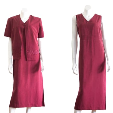 1990s Burgundy Dress Set with Short Sleeves 