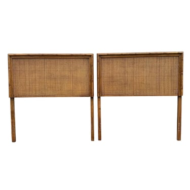 Vintage Twin Headboards with Faux Bamboo Wood and Rattan Wicker - Set of 2 Coastal Hollywood Regency Bedroom Furniture Pair 