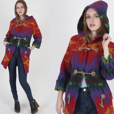 Vintage 80s Southwestern Coat / Womens Toggle Button Barn Ranch Jacket / Colorful Rainbow Aztec Geometric Print XS 
