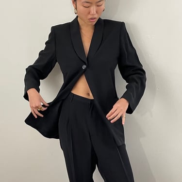 90s silk tuxedo pant suit / vintage black silk cocktail blazer pant suit | Medium 