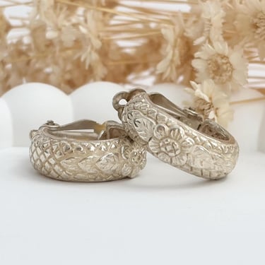 Chunky Floral & Snakeskin Embossed Bright Sterling Silver Vintage 925 Stamped Clip On Earrings 
