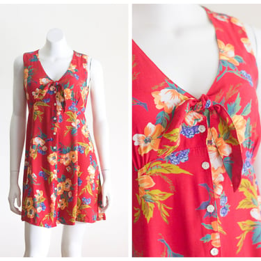 1990s red sleeveless dress with tropical flower print 