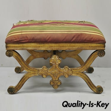 Vintage Spanish Regency Carved Wood X-Frame Gold Upholstered Stool Bench