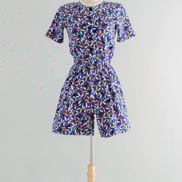 Vintage 1980's Confetti Print Jersey Cotton Romper by Liz Claiborne / XS