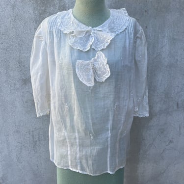 Antique Edwardian White Organza Blouse Embroidered Bow Lace Dress Bodice Vintage