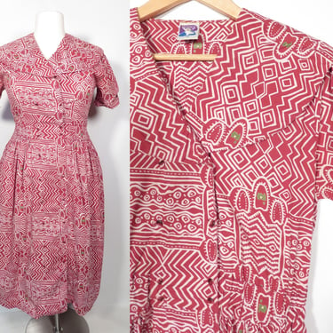 Vintage 80s Plus Size Cotton Abstract Print Button Front Bib Collar Dress Size XL 