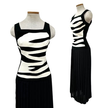 Vtg 90s 1990s Caché Designer Avant-garde Monochrome Drop Waist Black White Dress 