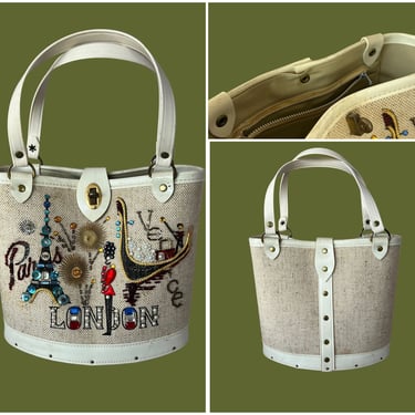 EUROPEAN PASSPORT Beaded Vintage 1960s Handbag | Novelty Paris London Venice Purse| Enid Collins Style 