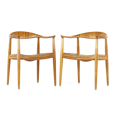 Early Original Hans Wegner Mid Century Presidential "The Chair" Teak and Cane Dining Chairs - Pair - mcm 