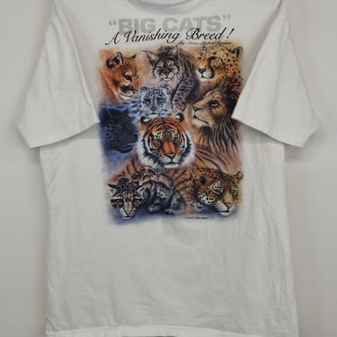 L 90s Hanes Big Cats Art Collage T-Shirt Cotton White Cotton Large 1990s 1980s Exotic Print Cat Funny 