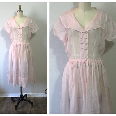 Vintage 1950s Prom N Party of California Pink Sheer Silk crepe Dress Shawl Collar // Modern Size US 6 8 Small Med. 