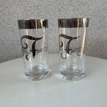 Vintage MCM Dorothy C. Thorpe classic barware tall tumbler glasses trimmed in silver mercury  monogrammed letter F 