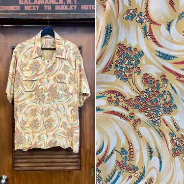 Vintage 1950’s Size L Atomic Pattern Flap Pocket Rayon Rockabilly Hawaiian Shirt with Loop Collar, 50’s Vintage Clothing 