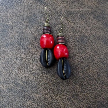Cowrie shell earrings, black and red earrings, Afrocentric earrings, African tribal earrings, bold statement earrings, chunky earrings 