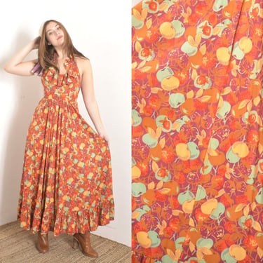 Vintage 1970s Dress / 70s Fruit Print Jersey Halter Maxi Dress / Orange ( XS extra small ) 
