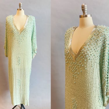 1980s Judith Ann Dress / 80s Green Beaded Dress / Designer Vintage / 1980s Cocktail Dress / Size Extra Large Size Medium Size LargePlus 