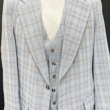 Vintage 1970s 1980s 3 Piece Suit Plaid Flare Pants Vest Blazer Jacket Menswear Set Unisex Grey Pink Medium Large Wedding Prom Business 