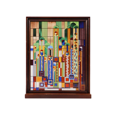 Frank Lloyd Wright Saguaro Stained Glass Wood Framed 