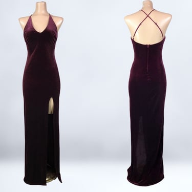 VINTAGE Y2K 00s Burgundy Merlot Velvet Slip Formal Dress Sz 1 | 2000s Side Slit Bombshell Siren Prom Gown | VFG 