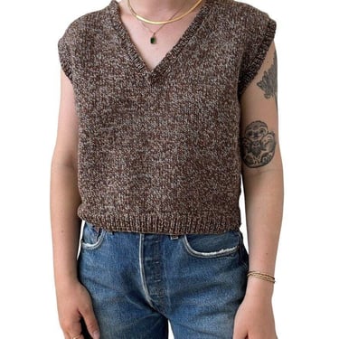 Hand Knit Brown Wool V Neck Preppy Cropped Dark Academia Sweater Vest Sz L 