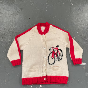 Size Medium Vintage 70s Bike Knitwear Cardigan Sweater Mens Red White Heavyweight Handmade 