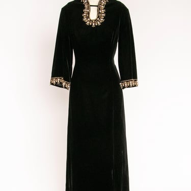 1960s Velvet Gown Black Beaded Dress Full Length M/L 