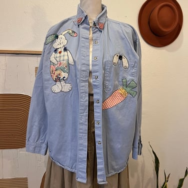 Vintage 90s Bunny Carrot Patchwork Cotton Oversized Button Front Shirt - XL 