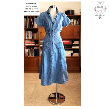 Vintage Denim Blue Jean DRESS, Fit & Flare, Full Skirt, 1980's, 1970's Chorus Blues, Short Sleeve, Shirt Dress, Cotton, size 10, 90's 