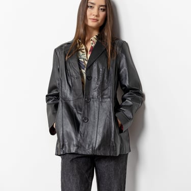 BLACK LEATHER BLAZER Vintage Jacket Coat Woman Fall Spring 90's / Medium Large 
