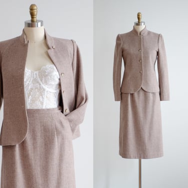 beige wool suit 70s 80s vintage taupe mauve herringbone wool skirt suit 