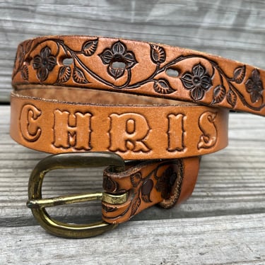Christ tooled leather belt vintage 70s personalized cowboy western 30 
