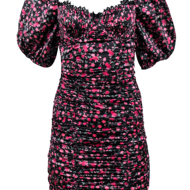 For Love & Lemons - Black w/ Pink Rose Print Satin Ruched Dress Sz S