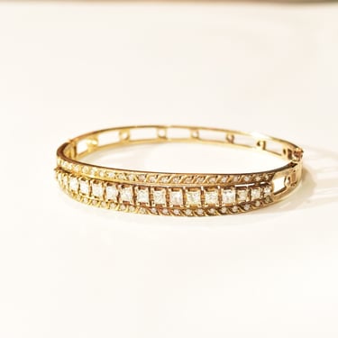 Dazzling 14K Diamond Cluster Bangle Bracelet, Princess-Cut Diamonds, Yellow Gold Open Work Cuff, 2+ TCW, 6 1/4" 