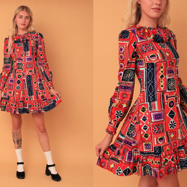 Vintage 1970s Crazy Psychedelic Abstract Print Ruffle Collar Long Sleeve Shift Mini Dress 