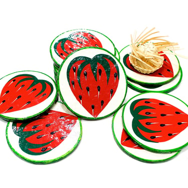 VINTAGE: 6 Mexican Strawberry Coasters - Hand Painted Folk Art Mexican Artisan - Picnic - Table Decor - SKU os-168 
