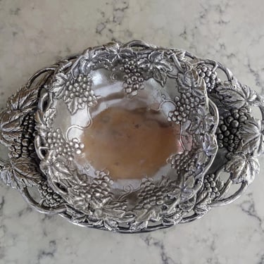 Vintage 1990's Arthur Court Silver Bowl and Serving Platter with Grape Vine Detail 