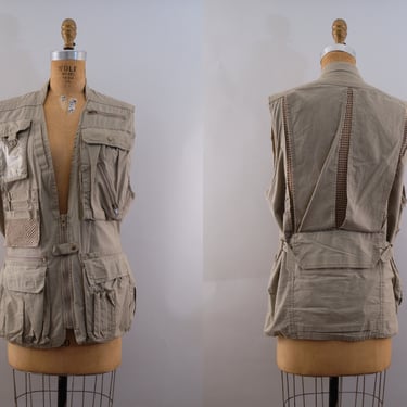 80s Banana Republic Safari Vest | Khaki, Utility, Travel & Hiking | Mesh Back, Tons of Pockets | Medium 