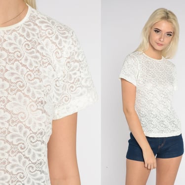 Sheer Lace Shirt 80s White Floral Top Retro Short Sleeve Tee Flower Print Blouse Boho Girly Simple Chic Romantic 1980s Vintage Small Medium 