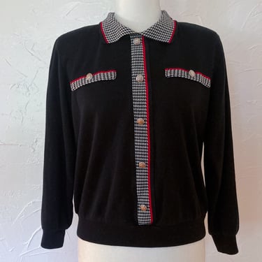 80s Black Red White Houndstooth Collared Sweater | Small/Medium 