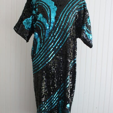 Black - Turquoise - Beaded and Sequined - Cocktail Dress - Party Dress - Estimated size L/XL 