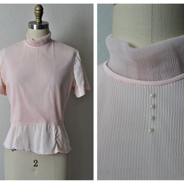 Vintage 1950s Pink Na-Ma California Sheer Nylon Button Back Blouse with Pearls short sleeve Shirt top pinup // Modern Size US Med 6 8 10 